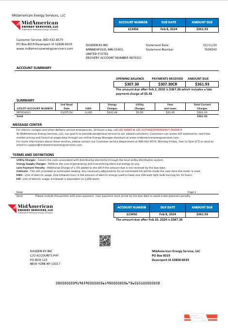USA Iowa MidAmerican Energy Services business utility bill template in Word and PDF formats